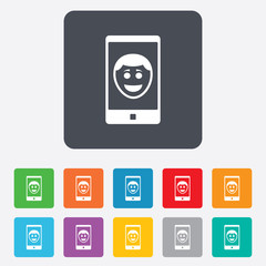 Selfie smile face sign icon. Self photo symbol.