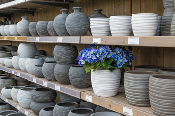 Garden shop with stone flowerpots