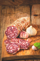 Sausage salami in a rural setting