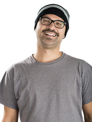 Adult man with mustache wearing beanie isolated.