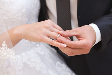 Hand of the groom and the bride with wedding rings at a wedding