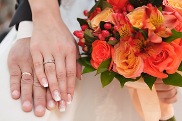 Hand of the groom and the bride with wedding rings at a wedding