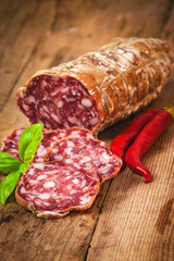 Sausage salami in a rural setting