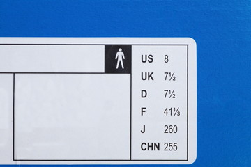 Close - up shoes international size on shoes box