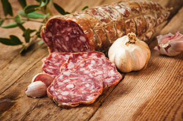 Sausage salami in a rural setting