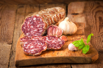 Sausage salami in a rural setting