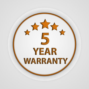 Five year warranty circular icon on white background