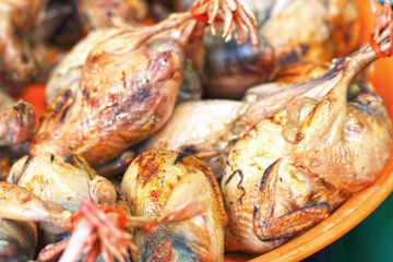 Boiled quail for sale at the market.