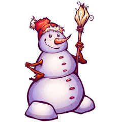 Vector illustration of funny snowman with broom