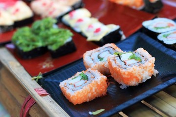 Japanese sushi - sushi egg, shrimp, crab stick, seaweed.