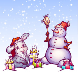 Vector illustration of hare and snowman