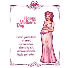 Vector illustration of pregnant woman in pink dress