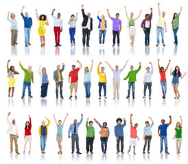 Fototapeta premium Group of Diverse People Hands Raised Celebrating