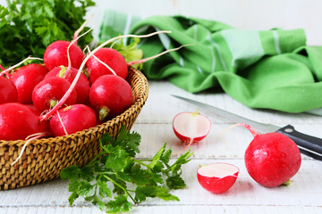 fresh red radish and greens