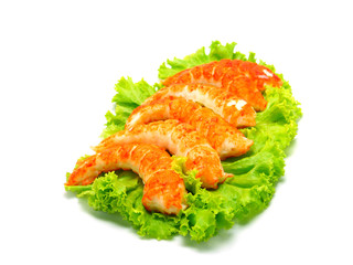 red shrimps tails with green fresh origanum and lettuce