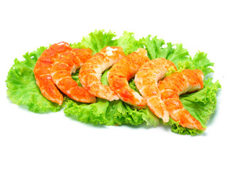 red shrimps tails with green fresh origanum and lettuce