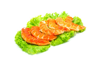 red shrimps tails with green fresh origanum and lettuce