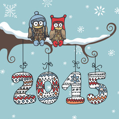 New year knitted figures,owl,branch