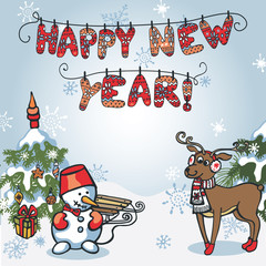 New year greeting card.Funny forest,knitted letters