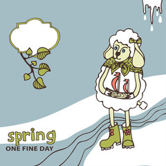 Cute sheep girl with  ship .Spring doodle