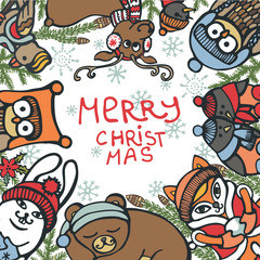 Christmas greeting card.Funny animals,birds,spruce