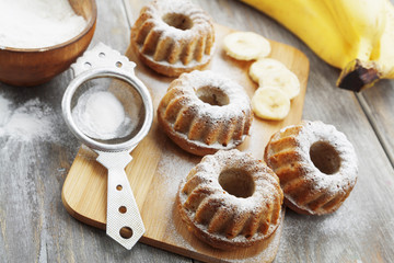 Homemade banana cake with powdered sugar