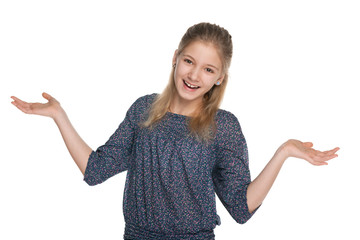 Cheerful preteen girl against the white