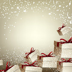 Christmas background with gifts. Xmas boxes with bows and place