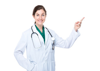 Brunette woman doctor with finger up