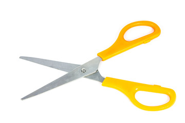 Yellow scissors isolated on a white background