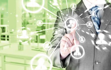 man hand pressing social media icon