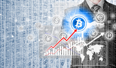 Choosing bitcoins, businessman pressing touch screen button.