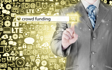 Businessman and crowd funding in search bar