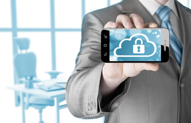 Man holds smart phone with cloud security concept on white