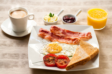 Continental breakfast with coffee and orange juice.
