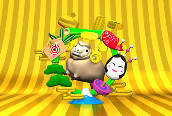 Smile Brown Sheep, New Year's Bamboo Wreath On Gold