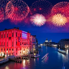 Wandaufkleber Feuerwerk über dem Canal Grande von Venedig bei Nacht, Italien © Delphotostock