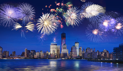 New York skyline at night with fireworks