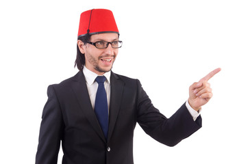 Businessman wearing fez hat isolated on white
