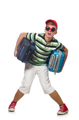 Funny man with suitcase isolated on white