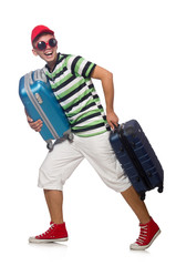 Funny man with suitcase isolated on white