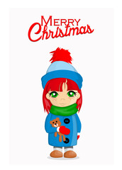 Merry Christmas card with cute girl