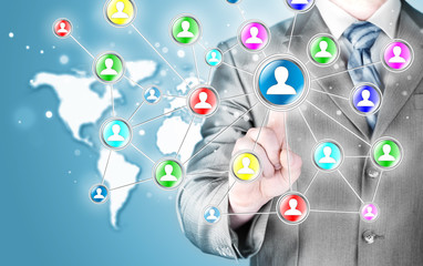 man hand pressing social media icon