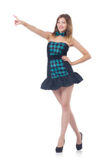 Woman pressing virtual button isolated on white