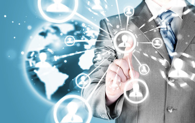 man hand pressing social media icon