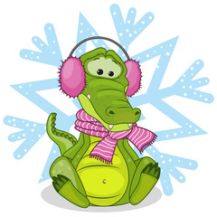 Crocodile in a fur headphones