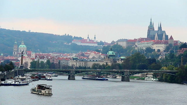 Prague riverside bridges view, timelapse Castle Petrin mountain