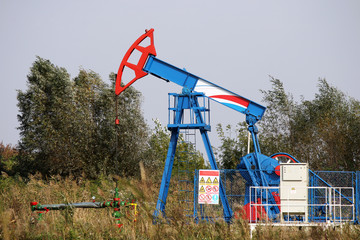 Fototapeta na wymiar oil pump jack on windy field