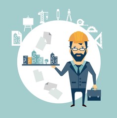 Naklejka premium architect holding a model of the city in the palm illustration