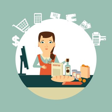 Grocery Store Cashier At Work Illustration